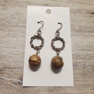 Jasper Stone Drop Dangle Earrings Hook Silver Ring Natural Boho Minimalist